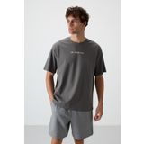 Tommy Life 88364 Koyu Gri Pamuklu Kalın Yüzeyi Dokulu Oversize Fit Baskılı Erkek T-Shirt