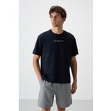 Tommy Life 88364 Lacivert Pamuklu Kalın Yüzeyi Dokulu Oversize Fit Baskılı Erkek T-Shirt