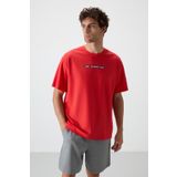 Tommy Life 88365 Kırmızı Fiesta Pamuklu Kalın Yüzeyi Dokulu Oversize Fit Baskılı Erkek T-Shirt