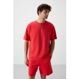 Tommy Life 88368 Kırmızı Fiesta Pamuklu Kalın Yüzeyi Dokulu Oversize Fit Baskılı Erkek T-Shirt