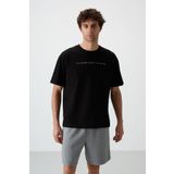 Tommy Life 88371 Siyah Pamuklu Kalın Yüzeyi Dokulu Oversize Fit Baskılı Erkek T-Shirt