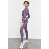 Tommy Life 95286 Eflatun Yüksek Bel Uzun Kollu Slim Fit Crop Top Kadın Tayt Takım