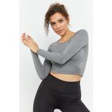 Tommy Life 97150 Gri Melanj Uzun Kollu Dar Kalıp O Yaka Kadın Crop Top