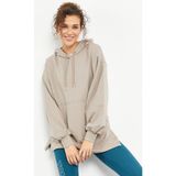 Tommy Life 97163 Koyu Bej Kadın Balon Kol Yazı Nakışlı Oversize Tunik Sweatshirt