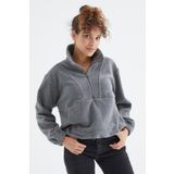 Tommy Life 97171 Gri Melanj Yarım Fermuar Etek Ucu Büzgülü Kadın Polar Oversize Sweatshirt