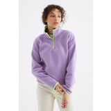 Tommy Life 97234 Açık Eflatun Yarım Fermuar Etek Ucu Büzgülü Dik Yaka Oversize Polar Kadın Sweatshirt