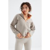 Tommy Life 97234 Koyu Bej Yarım Fermuar Etek Ucu Büzgülü Dik Yaka Oversize Kadın Polar Sweatshirt