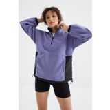 Tommy Life 97236 Açık Eflatun Yarım Fermuar Etek Ucu Büzgülü Dik Yaka Oversize Kadın Polar Sweatshirt