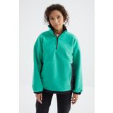 Tommy Life 97236 Deniz Yeşili Yarım Fermuar Etek Ucu Büzgülü Dik Yaka Oversize Kadın Polar Sweatshirt