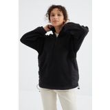 Tommy Life 97236 Siyah Yarım Fermuar Etek Ucu Büzgülü Dik Yaka Oversize Kadın Polar Sweatshirt