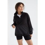 Tommy Life 97238 Siyah Etek Ucu Büzgülü Yarım Fermuar Kanguru Cepli Oversize Kadın Sweatshirt