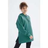 Tommy Life 97242 Kadın Deniz Yeşili Reglan Kol Renk Detaylı Basıc Kapüşonlu Oversize Tunik
