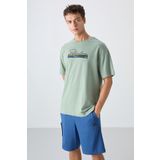 TOMMY LIFE Açık Yeşil Pamuklu Kalın Yumuşak Dokulu Oversize Fit Baskılı Erkek T-Shirt - 88334