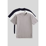 Tommy Life Basic O Yaka Büyük Beden 3lü Paket Beyaz-Lacivert-Koyu Bej Erkek T-Shirt 88072