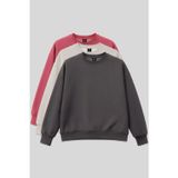 TOMMY LIFE Basic Oversıze O Yaka 3lü Paket Koyu Gri-Bej- Yaban Gülü Kadın Sweatshirt - 97053