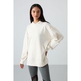TOMMY LIFE Ekru Balon Kol Yazı Nakışlı Kadın Oversize Tunik Sweatshirt - 97163