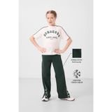 TOMMY LIFE Ekru-Çam Yeşil O Yaka Baskılı Geniş Paça Çıt Çıt Detaylı Kız Çocuk Palazzo Eşofman Takım - 75172