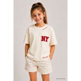 TOMMY LIFE Ekru Rahat Form Kısa Kollu Baskılı Kız Çocuk T-Shirt - 75174
