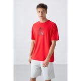 Tommy Life Fiesta Pamuklu Kalın Yumuşak Dokulu Oversize Fit Baskılı Erkek T-Shirt - 88332 - 105-Kırmızı - 2XL