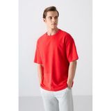Tommy Life Fiesta Pamuklu Kalın Yüzeyi Dokulu Oversize Fit Basic Erkek T-Shirt - 88337 - XL - 105 - Kırmızı