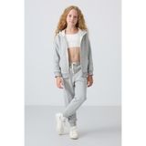 TOMMY LIFE Gri Melanj Pamuklu İçi Tüylü Yumuşak Dokulu Standart Fit Nakışlı Kız Çocuk Eşofman Takım - 75148