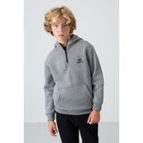 TOMMY LIFE Gri Melanj Pamuklu Kalın İçi Tüylü Standart Fit Nakışlı Erkek Çocuk Sweatshirt - 11244