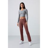 Tommy Life Kahverengi Yüksek Bel Cepli Rahat Form Klasik Paça Kadın Eşofman Alt - 94584 - 2XL