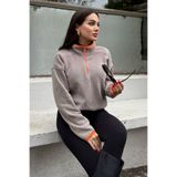 TOMMY LIFE Koyu Bej Yarım Fermuar Etek Ucu Büzgülü Dik Yaka Standart Kalıp Kadın Polar Sweatshirt - 97234