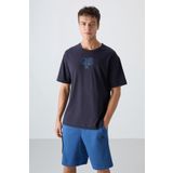 TOMMY LIFE Lacivert Pamuklu Kalın Yumuşak Dokulu Oversize Fit Baskılı Erkek T-Shirt - 88333