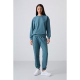TOMMY LIFE Orman Yeşili Basic Pamuklu O Yaka Oversize Lastik Paça Kadın Eşofman Takım - 95287