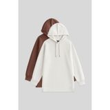 TOMMY LIFE Oversize Kapüşonlu 2li Paket Ekru-Kahverengi Kadın Tunik Sweatshirt - 97242