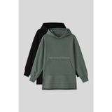 TOMMY LIFE Oversize Kapüşonlu 2li Paket Siyah-Çağla Kadın Tunik Sweatshirt - 97163
