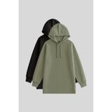 TOMMY LIFE Oversize Kapüşonlu 2li Paket Siyah-Çağla Kadın Tunik Sweatshirt - 97242
