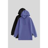 TOMMY LIFE Oversize Kapüşonlu 2li Paket Siyah-Eflatun Kadın Tunik Sweatshirt - 97242