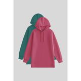 TOMMY LIFE Oversize Kapüşonlu 2li Paket Yaban Gülü-Deniz Yeşili Kadın Tunik Sweatshirt - 97242