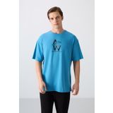 TOMMY LIFE Petrol Mavi Pamuklu Kalın Yumuşak Dokulu Oversize Fit Baskılı Erkek T-Shirt - 88332