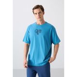 Tommy Life Petrol Mavi Pamuklu Kalın Yumuşak Dokulu Oversize Fit Baskılı Erkek T-Shirt - 88333 - 2XL