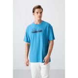 TOMMY LIFE Petrol Mavi Pamuklu Kalın Yumuşak Dokulu Oversize Fit Baskılı Erkek T-Shirt - 88334