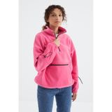 Tommy Life Şeker Pembe Etek Ucu Büzgülü Yarım Fermuarlı Oversize Kadın Polar Sweatshirt - 97238 Şeker Pembe