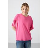TOMMY LIFE Şeker Pembe Penye Modal Yumuşak Tuşeli Oversize Fit Basic Kadın T-Shirt- 97285