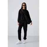 TOMMY LIFE Siyah Basic Pamuklu O Yaka Rahat Form Lastik Paça Kadın Eşofman Takım - 95287