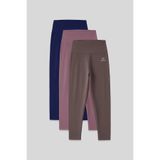 TOMMY LIFE Slim Fit 3lü Paket İndigo-Gül Kurusu-Kahverengi Kadın Kapri Tayt - 93097