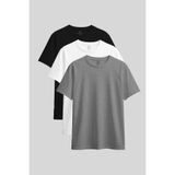 TOMMY LIFE Standart Fit Basic O Yaka 3lü Paket Siyah-Beyaz-Gri Melanj Kadın T-Shirt - 97311