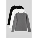 TOMMY LIFE Standart Fit Basic O Yaka 3lü Paket Siyah-Beyaz-Gri Melanj Kadın T-Shirt - 97312