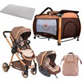 Tommybaby Safir 5'li Set Bebek Arabası Oyun Parkı Çanta Yatak - Gold - Kahverengi