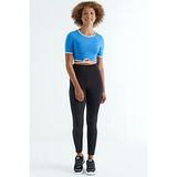 Tommylife 97266 Saks Bel Bağlama Detaylı O Yaka Standart Kalıp Dalgıç Kumaş Crop Bayan T-shirt