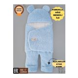 Tomuycuk 0-12 Ay Içi Elyaflı Peluş Welsoft Kulaklı Mavi Dış Bebek Kundak & Battaniyesi Kışlık Uyku Tulumu
