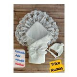 Tomuycuk Beyaz Triko Örgü Kız Erkek Bebek Batttaniyesi Kundağı Şapkalı Dantelli Yenidoğan Hastane Çıkışı