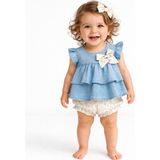 Tongs Baby Blue Blossom Kız Bebek Takım – Fırfırlı Denim Bluz & Çiçek Desenli Şort | %100 Pamuk Alt - 9 - 12 Ay - Mavi