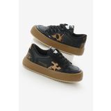 Tonny Black Çocuk Unisex Siyah Leopar Termo Taban Yıldız Detaylı Bağcıklı ve Cırtlı Spor Ayakkabı